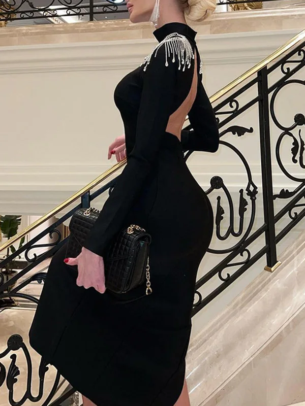Tinaa Black Bodycon Maxi Dress Women 2026 Backless High Neck Crystal Shoulder Studs Long Sleeve High Slit Evening Gown Dresses