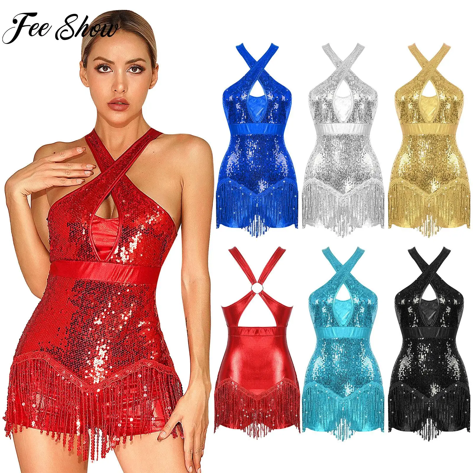 Womens Glittery Sequins Tassel Latin Dance Leotard Dress Cross Front Fringed Bodysuit for Prom Party Samba Cha-cha Performance