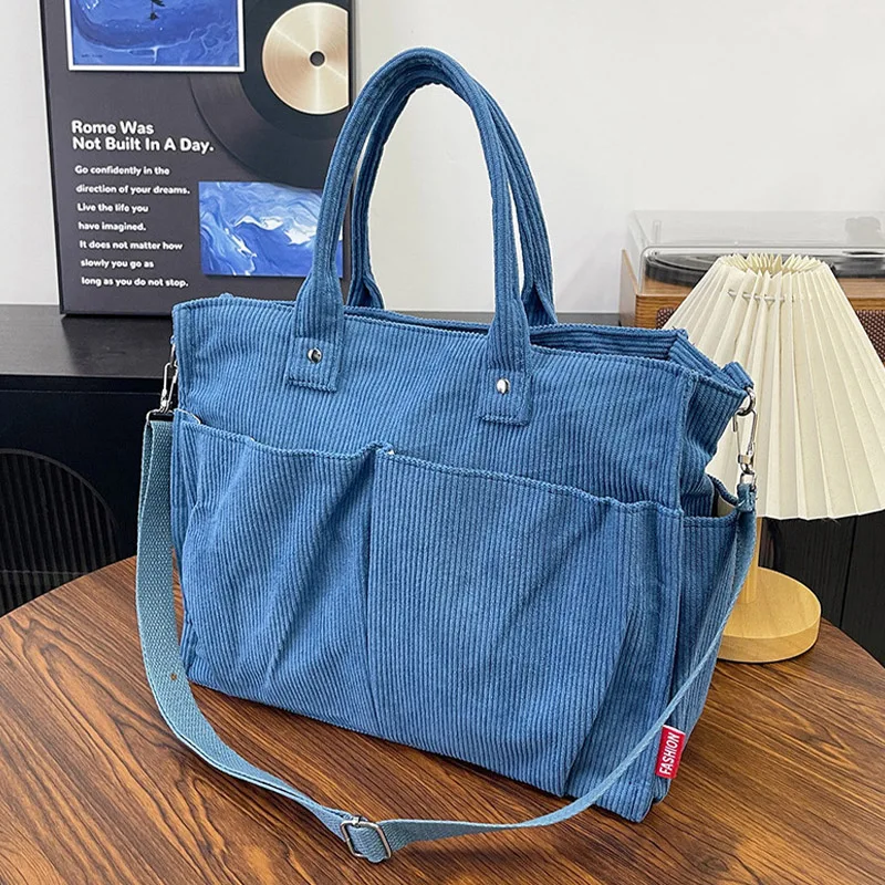 

Сумка-тоут из вельвета большой вместимости 2026 года, повседневная, с двойными ремнями, через плечо, простой дизайн для ежедневного использования