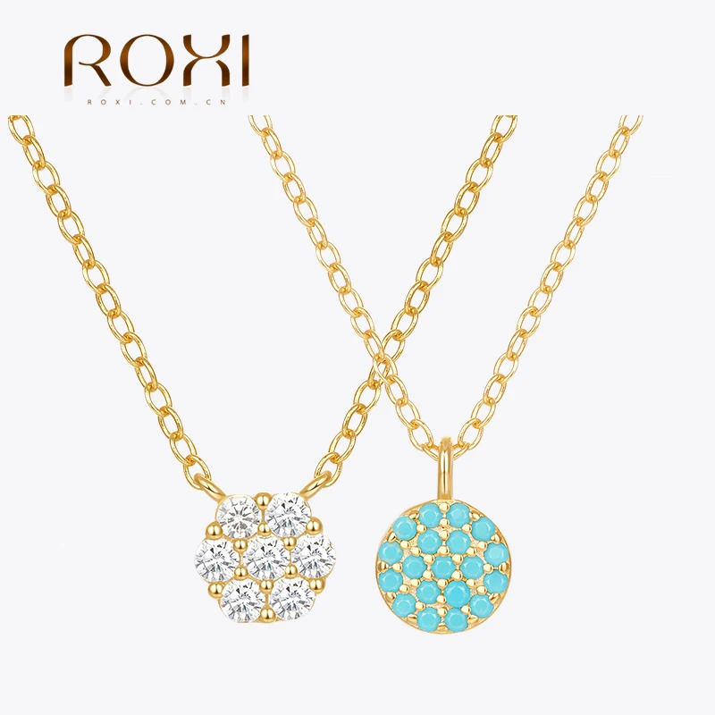 روكسي 925 فضة 6*6 مللي متر زهرة مستديرة قلادة القلائد للنساء الفيروز كريستال الذهب سلسلة حفلات الزفاف مجوهرات الحفلات
