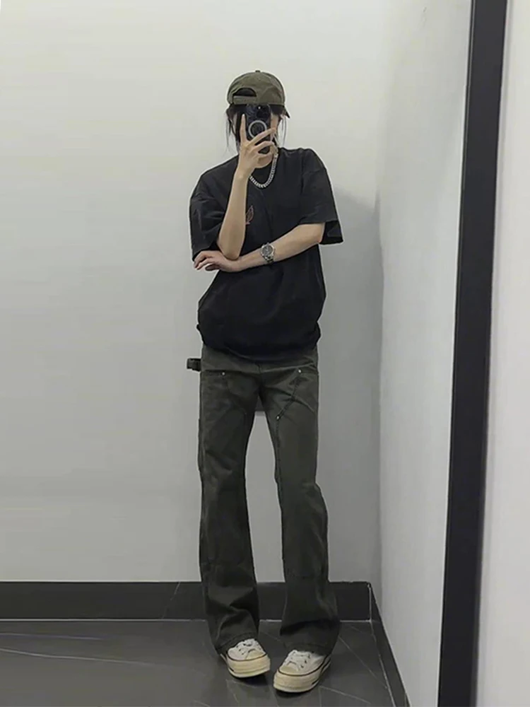 

Мужские джинсовые комбинезоны в американском стиле ретро, ​​военно-зеленые рабочие джинсы, длинные брюки, прямой крой, модные брюки на осенний сезон