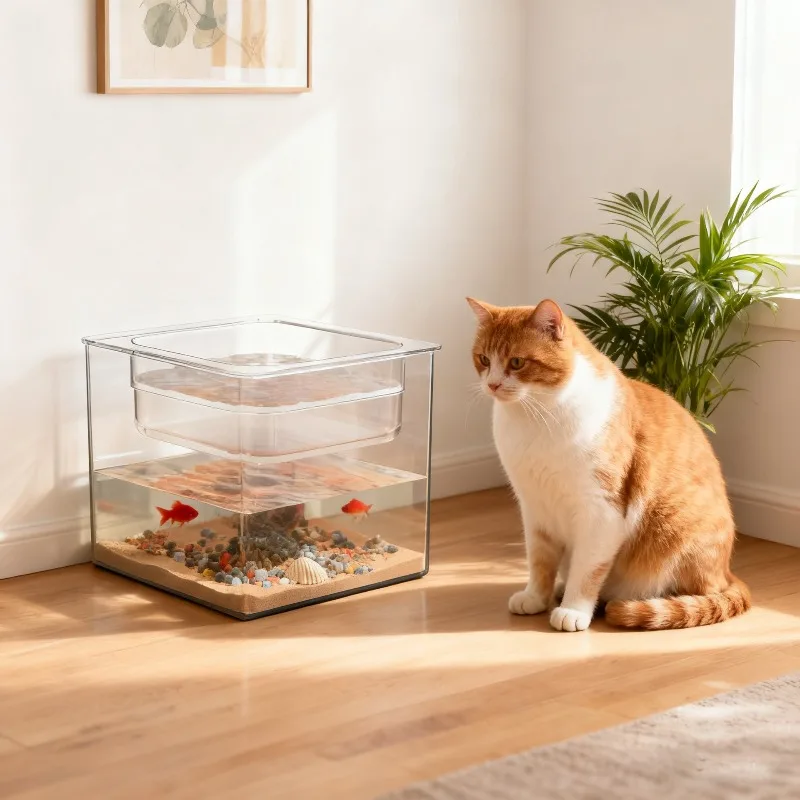 transparent plastic small fish tank,desktop living room ecological micro-landscape trick cat drinking artifact,pet drinking bowl