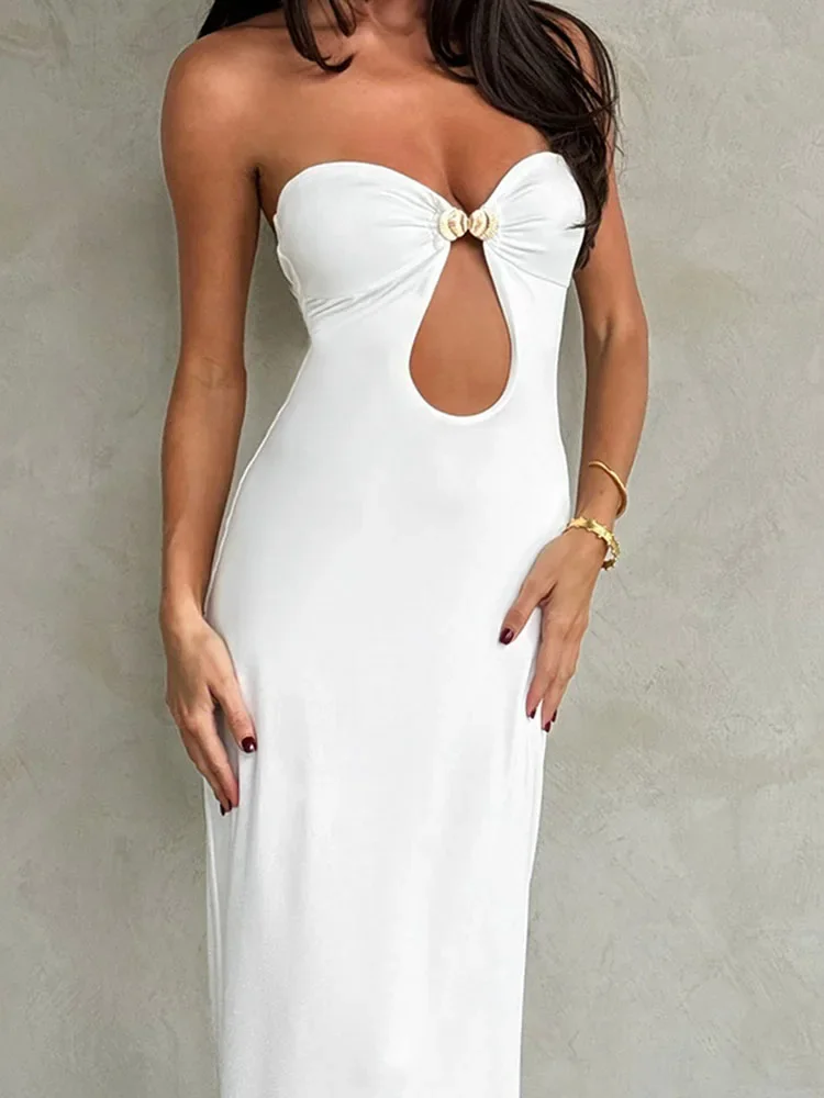 Witte Elegante Off Shoulder Lange Jurk Damesmode Strapless Mouwloze Effen Kleur Slanke Avondjurk Lange Jurk 2024