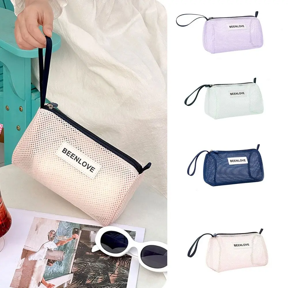 

Модная пляжная сетчатая сумка большой емкости, ручная легкая сумка для хранения туалетных принадлежностей, многоразовая компактная сетчатая косметичка, пляжная
