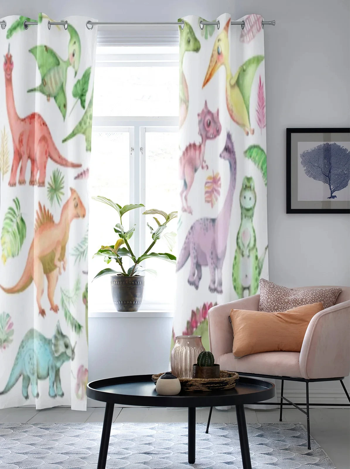 

Cartoon Watercolor Dinosaurs High Shading Window Curtains Kids Room Home Blackout Drapes Living Room Bedroom Clackout Curtain