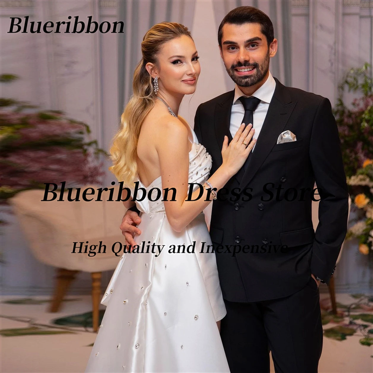 Blueribbon-vestidos de novia cortos con cuentas para mujer, de un hombro vestido de novia, ropa de verano, 2024