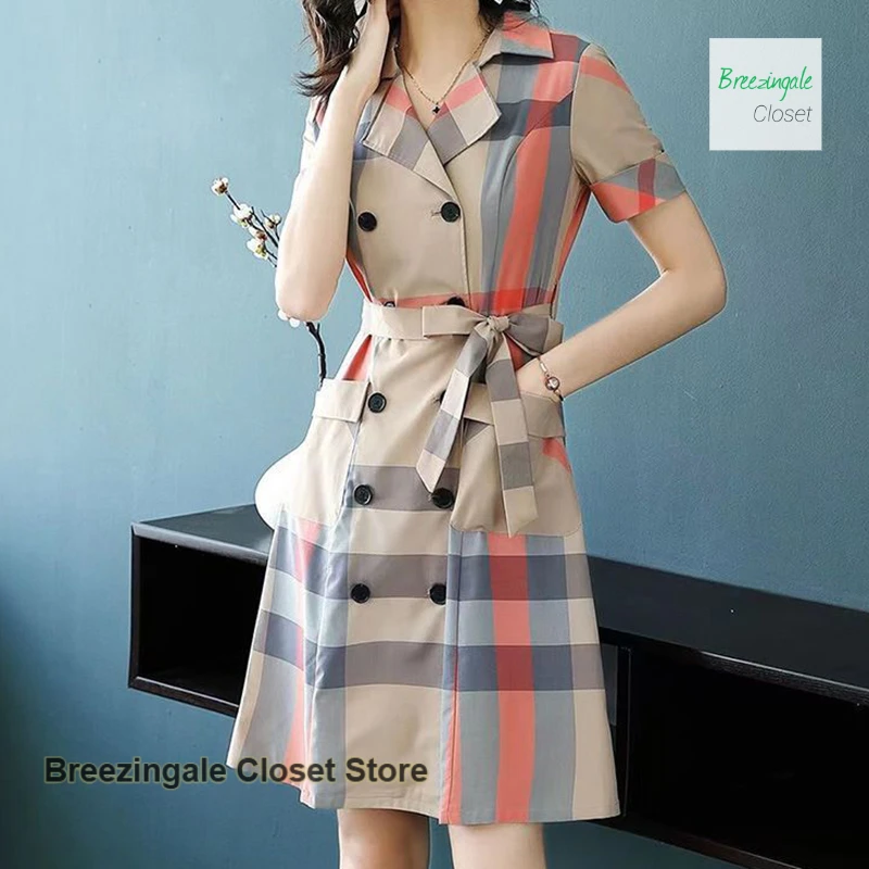 Summer new temperament plaid double-breasted shirt skirt female French fashion waist slim professional temperament dress