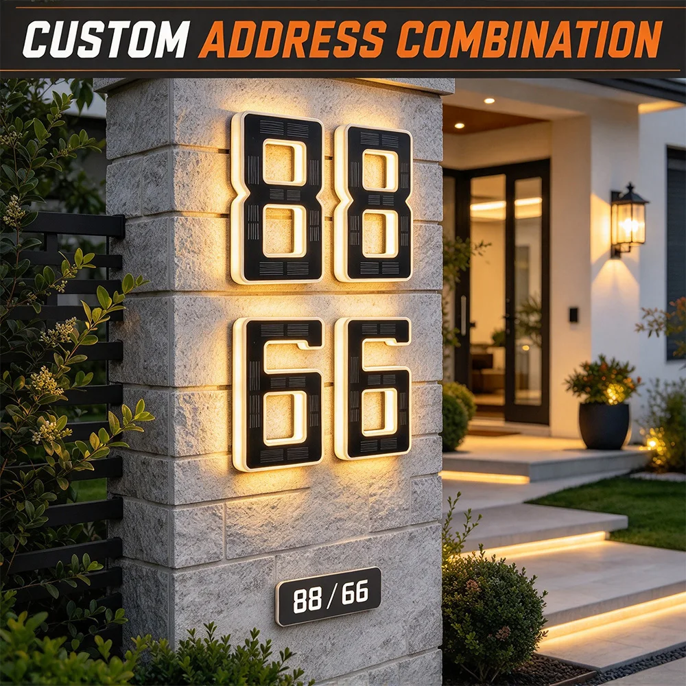 6.7/9inch Solar LED Number Light Sign, Waterproof Warm Light House Number Address Plaque, Ambient Light for Villa, Yard & Street