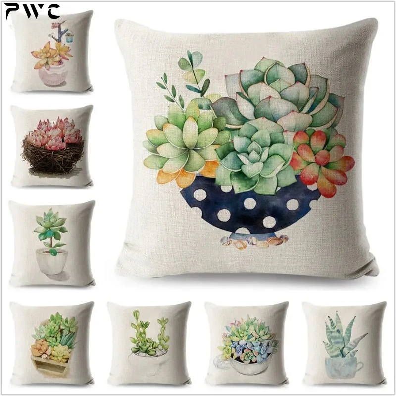 

Watercolor Succulent Plant Pillow Case Polyester Cushion Cover for Sofa Home Decorative Flower Printed Pillowcase 45x45cm