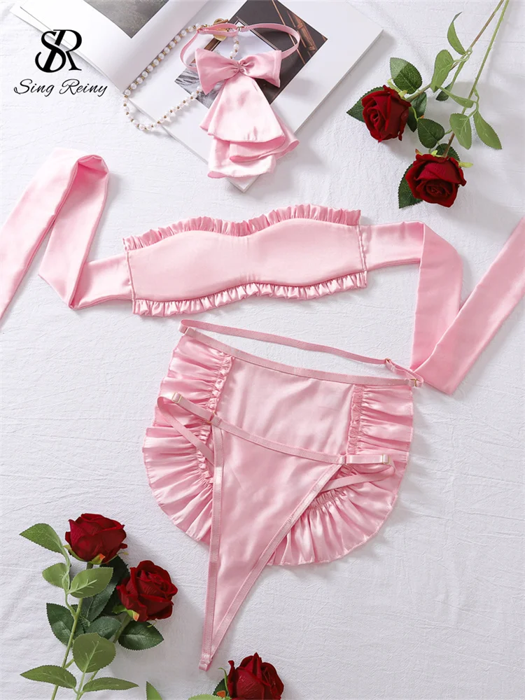 

SINGREINY эротическое милое сексуальное нижнее белье без бретелек, модные тонкие пижамы на шнуровке, женское милое порно, нижнее белье, костюмы из трех предметов