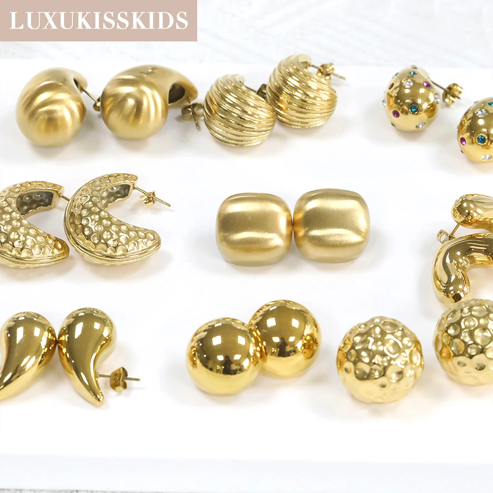 LUXUKISSKIDS Women Round Big Golden Stud Earrings for Party Luxury Water Drop Shape Smooth Chunky aretes Steel Geometric Jewelry