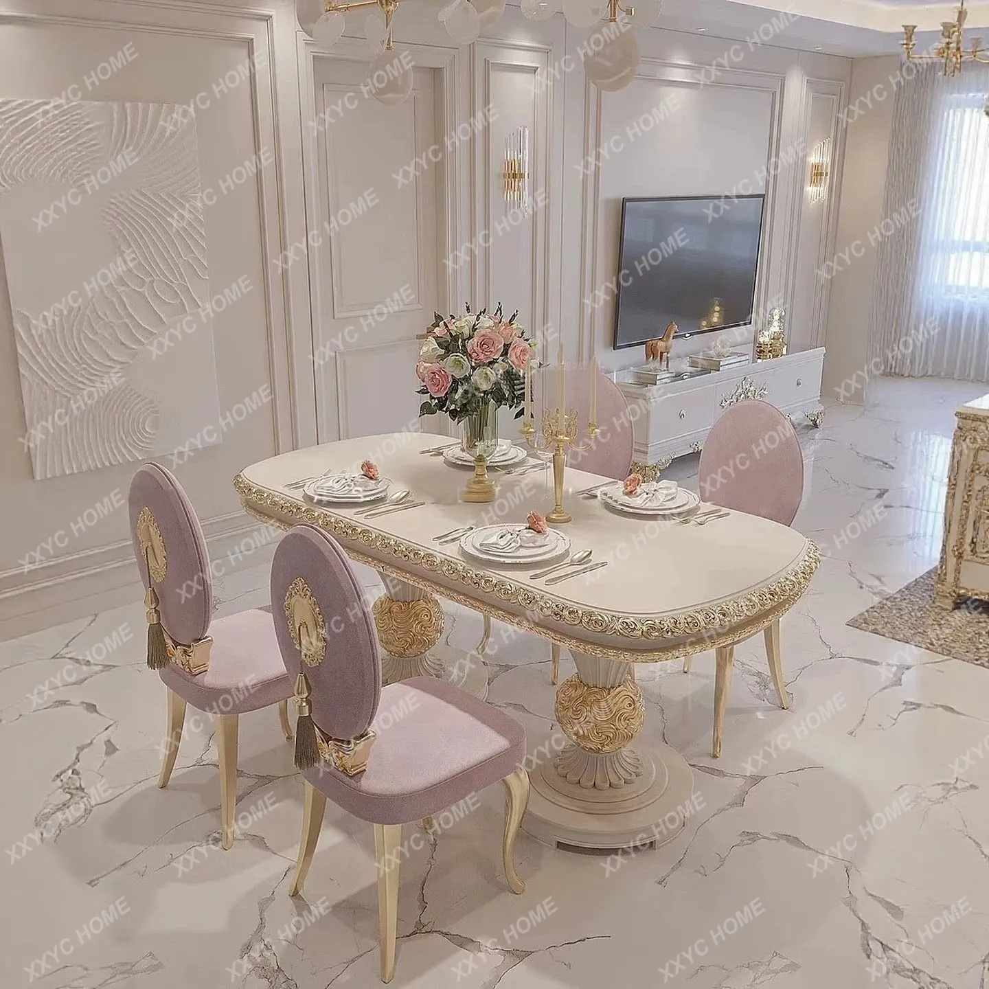 Solid wood carving flower dining table Modern dinin table Dining chair combination Court restaurant Oval gold painted din