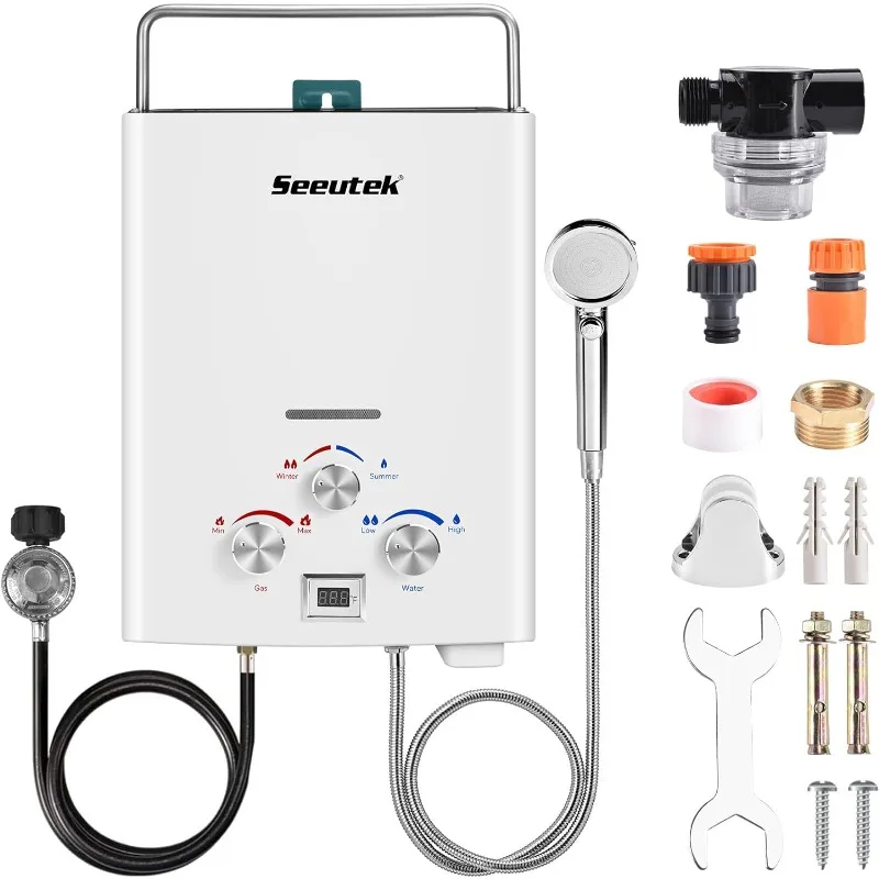 

Seeutek Portable Water Heater 1.6GPM/6L, Outdoor Propane Gas Tankless Water Heater, On Demand Water Heater for RV Camping