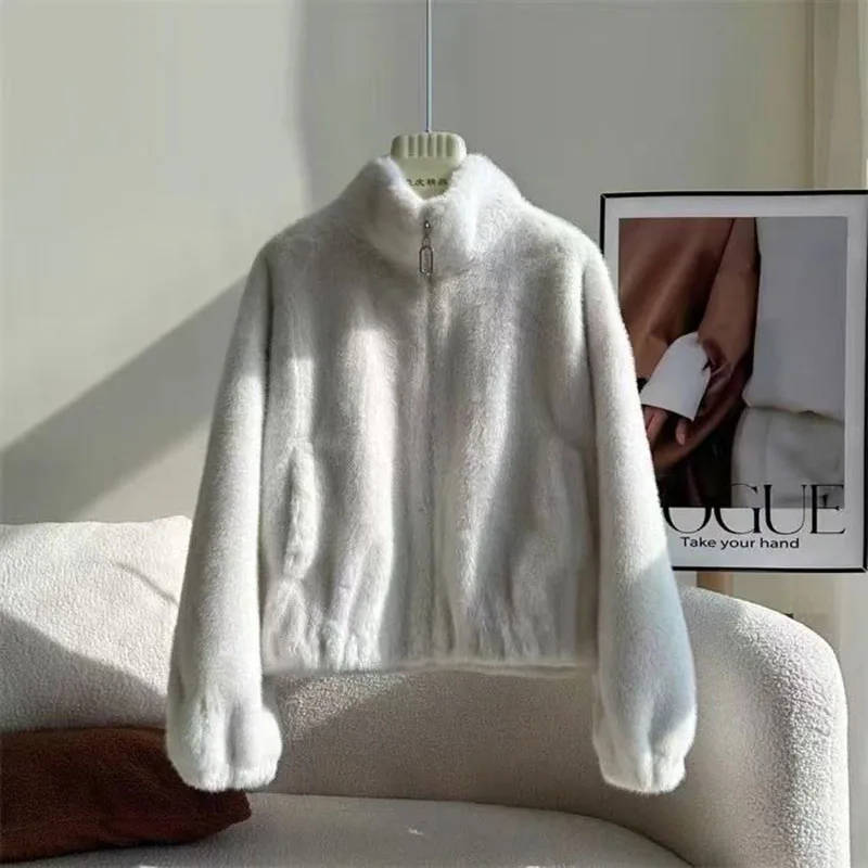 Solid Color Faux Fur Coat for Women Winter New Trendy Stand Collar Thicken Warm Outerwear Simple Loose Versatile Zipper Jackets