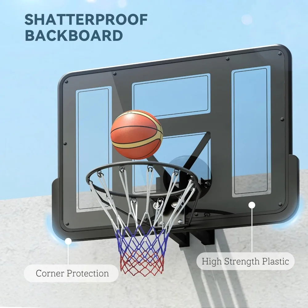 壁掛けバスケットボールゴール、強化された耐衝撃性43インチバックボードと全天候型ネット付き、屋外プレイ用