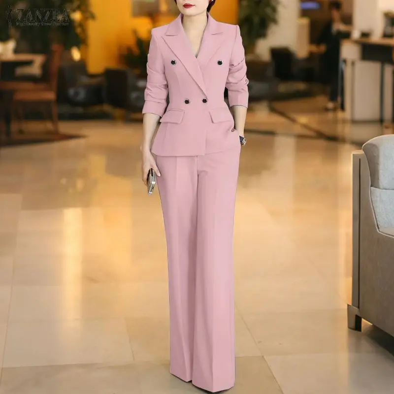 

Women's Elegant Pant Suits Office Wear Long Sleeve Lapel Neck Blazer & Wide Leg Pant 2 Pieces Sets ZANZEA Solid Commuting Outfit