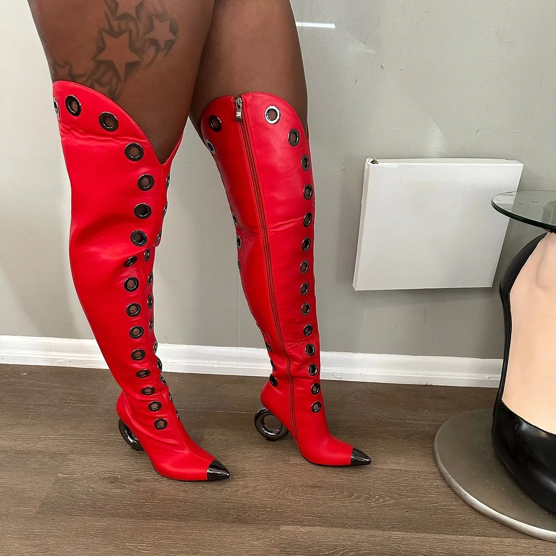 

Women's Black/Red Matte Snakeskin over the Knee Boots, Pointed Toe with Metal Cap, Hollow Circular Heel, Side Zipper Decor Shoes