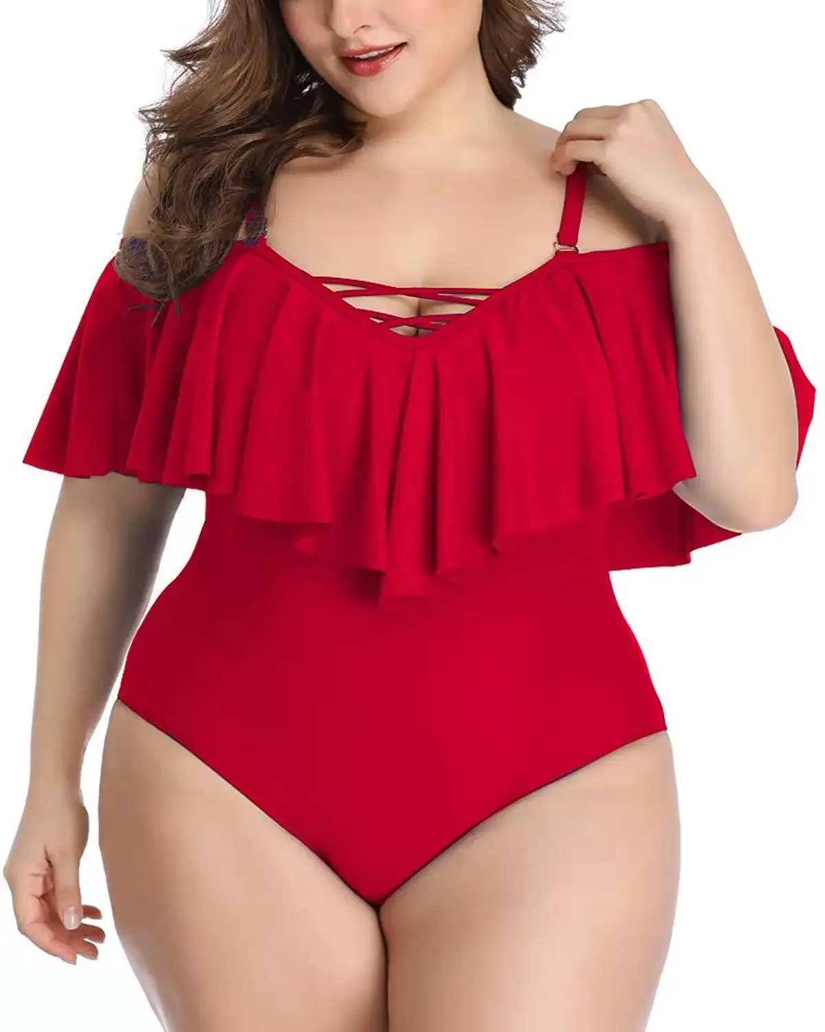 Plus Size Swimwear Ruffled One Piece Swimsuit Women Shoulder Off Bathing Suit Large Size Monokini Bandage Swimsuit 2022 dropship