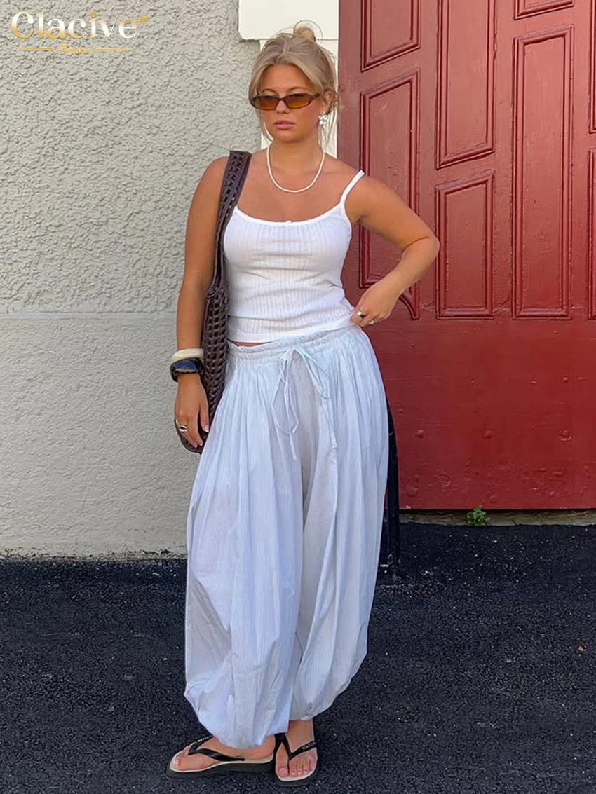 Clacive Fashion Loose Blue Women's Pants 2025 Casual High Waist Wide Trousers Elegant Classic Solid Pants Female Clothing