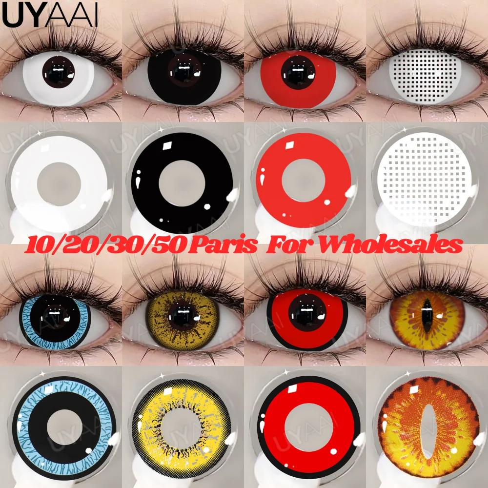 Lentes de contacto UYAAI para Cosplay, venta al por mayor, lentes cosméticas baratas, 10/20/30/50 pares de lentes para Cosplay, lentes blancas, lentes negros para Halloween
