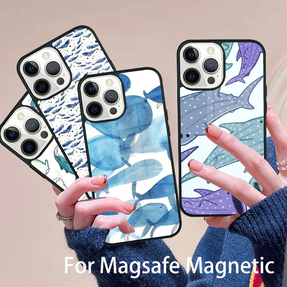 

Cute Ocean Whale Fish Phone Case Magesafe Magnetic Wireless Charge Cover For IPhone 16 11 12 13 14 15 Pro Max Plus Mini