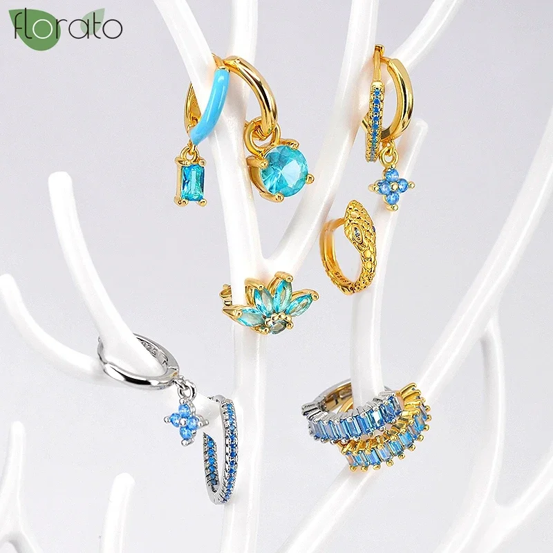 925 Sterling Silver Small Hoop Earrings, Blue Pendant