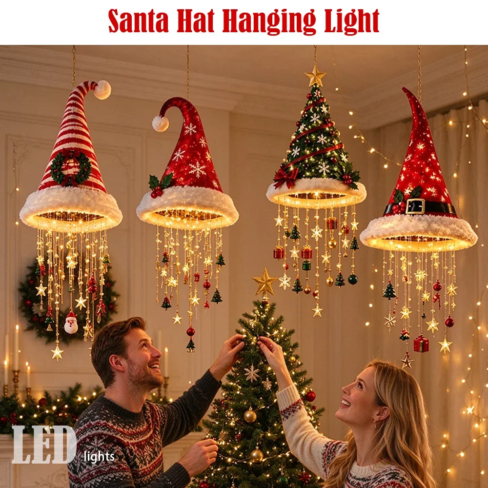LED Santa Hat Hanging Light Christmas Pendant Lamp with Tassel Bell Star Ornaments Xmas Holiday Party Home Wall Ceiling Decor