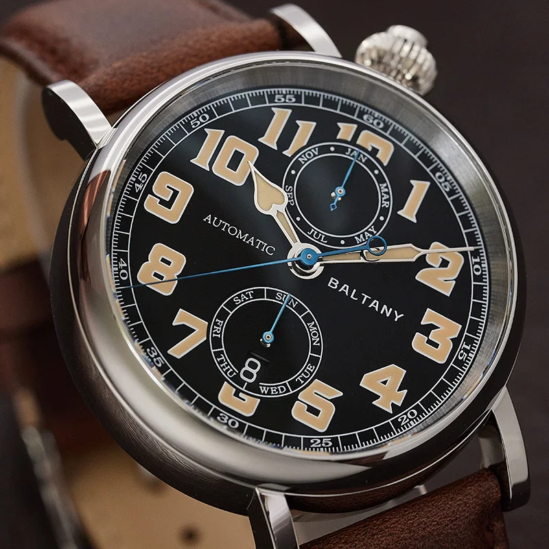 Type A7 1935 Avigating Homage Polit Watch S6047 Cockeyed Dial Complete Calendar 9122 Automatic 2024 Latest Vintage Wristwatch