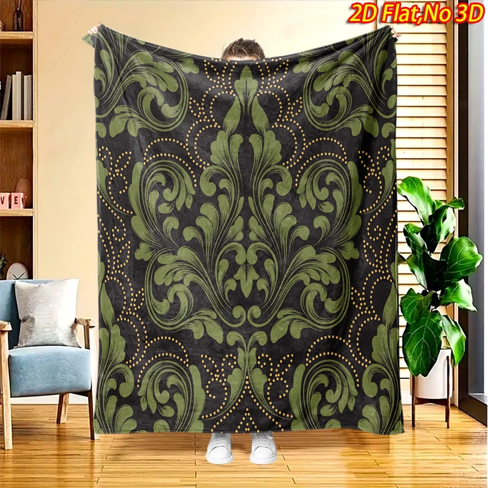 Vintage Green Damask Scroll Gold Dot Black Base Flannel Throw Blanket Warm Cover For Sofa Luxury European Retro Decor Gift