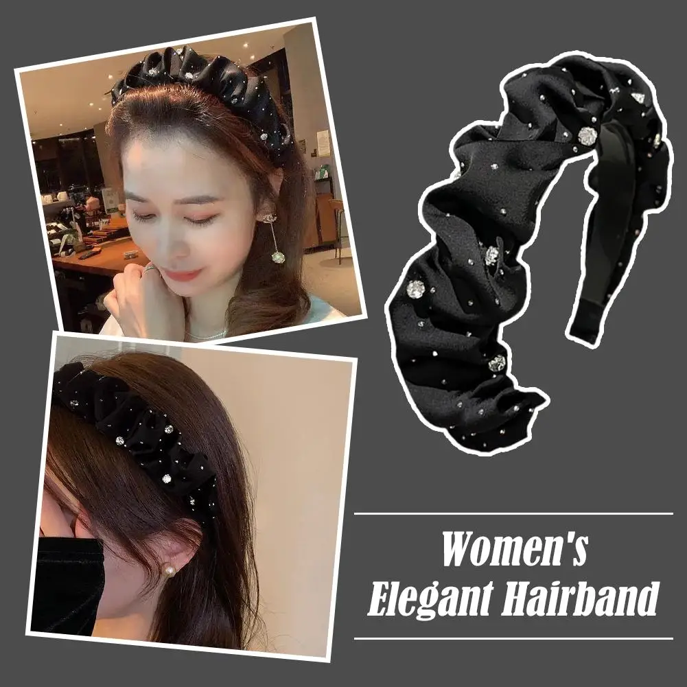 

Luxurious Rhinestone Hairbands For Women Solid Color Folds Hair Bands Y2K Hair Hoop Fashion Headbands Hair Accessories A3C8