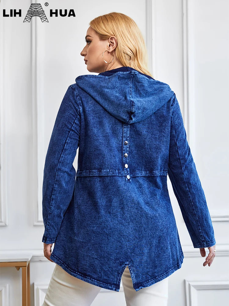 LIH HUA Frauen Plus-Size-Jeansim-Jacke Herbst Fashion-elegante Jacke für Frauen Langarm-Baumwoll-Strickkappe