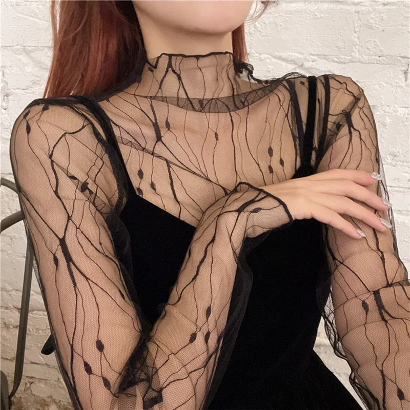 New Women Fashion Lace Floral T Shirt Transparent Mesh Ladies Tops Sheer Blouses Autumn See-Through Turtleneck Black Long Sleeve