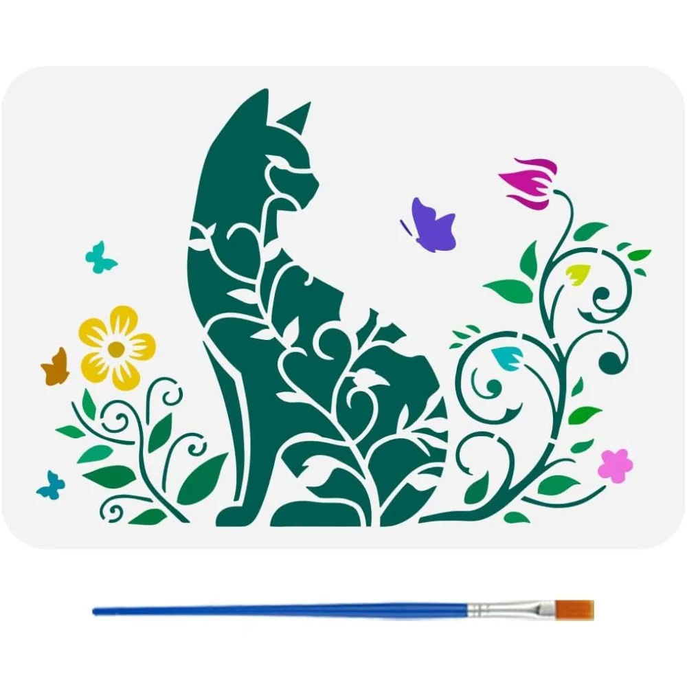 Cat Plants Stencil with Brush 8.3x11.7inch Cat Silhouette Template Plastic PET Flowers Leaves Vines Butterflies Stencil