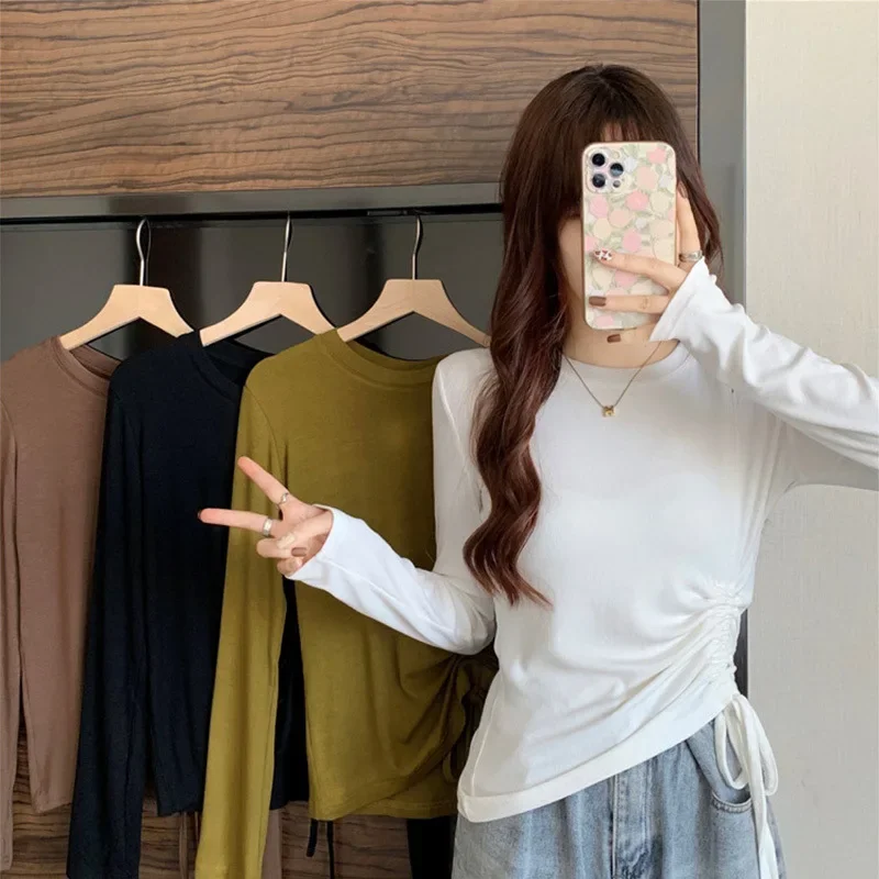 Stylish Inner Women's Long Sleeve T-Shirt Off-The-Shoulder Drawstring Top Design Sensibility Tight Fit Autumn New Arrival