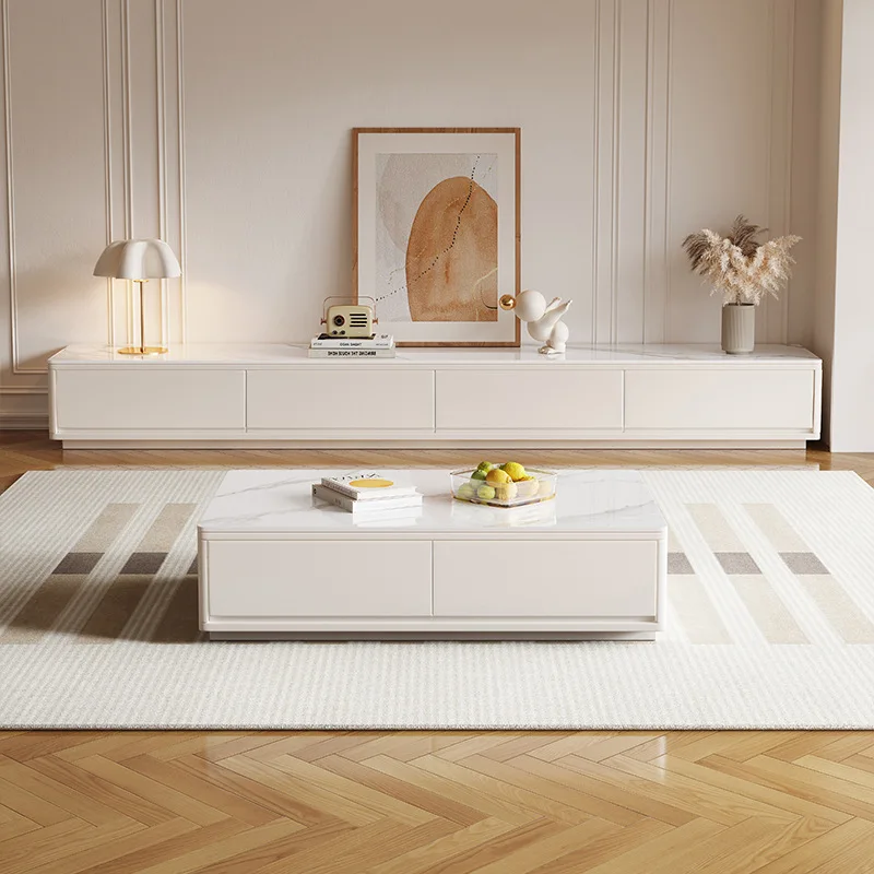 Coffee table TV cabinet combination solid wood small apartment floor-to-ceiling white rock slab guest
