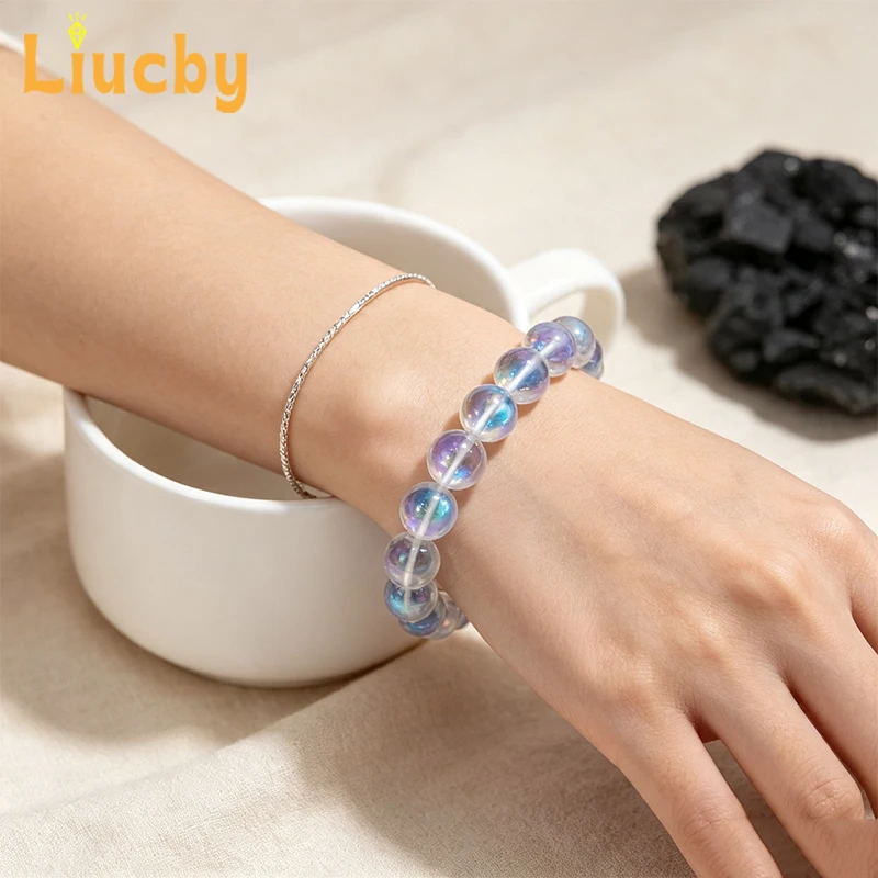 Weißes Kristall-Perlenarmband mit Mondstein-Effekt, Elastisches Armband für Damen, Modeschmuck, Geschenk für Alltag und Party – Detail 7