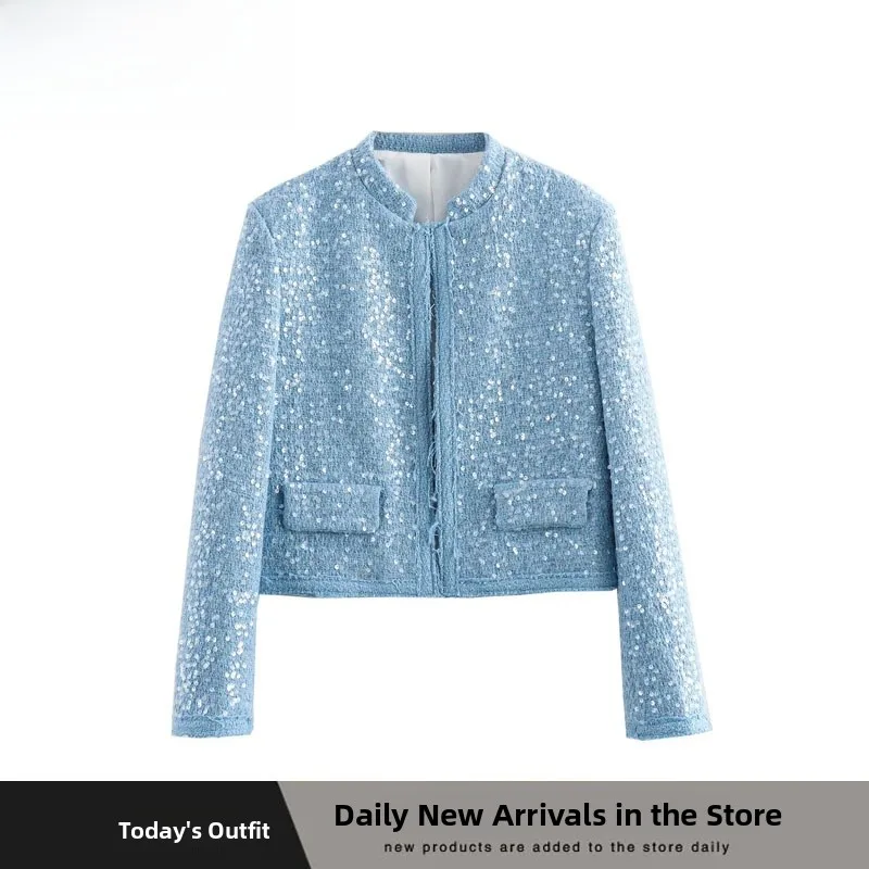 

Faionable Simple ZR Sle Sequin Decorated Outerwear New Autumn Winter Women's Suit Straight Tube pe Long Sve ort Coat