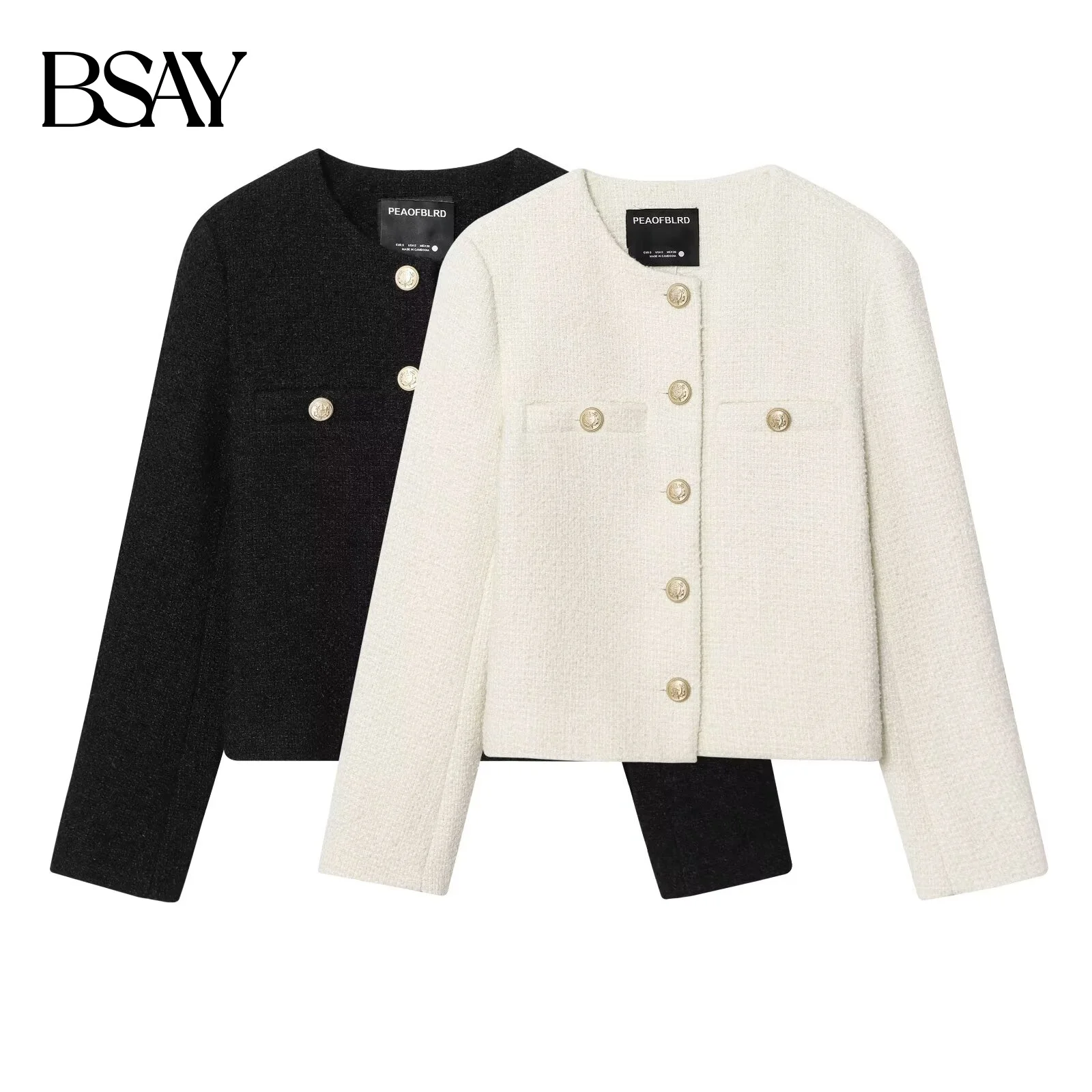 

BSAY, осеннее новое стильное пальто с французской ароматной металлической пряжкой, 2021, свободное пальто с круглым вырезом из грубой конопли, модное пригородное пальто с длинными рукавами