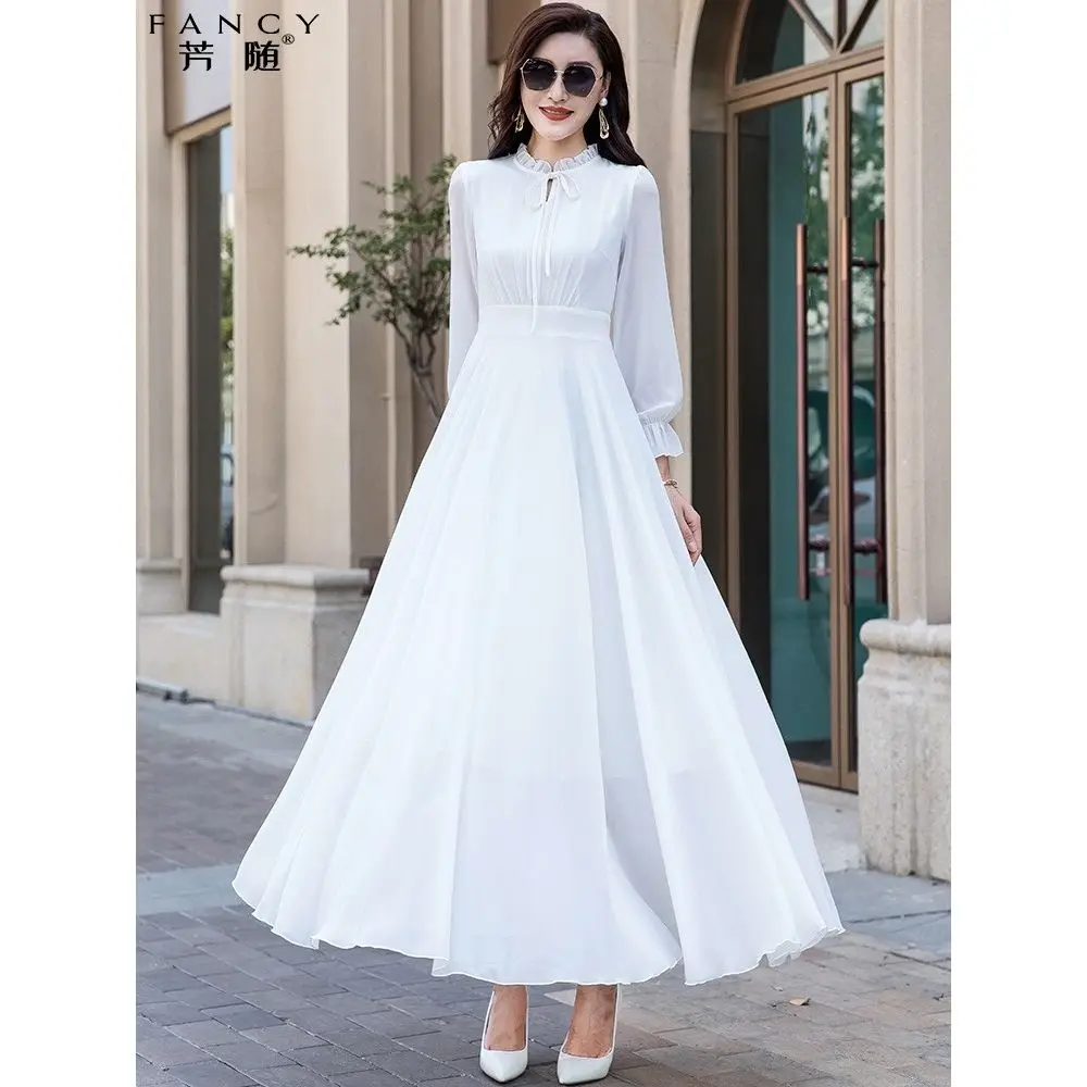 Red Chiffon Long Sleeved Dress for Women\'s Spring and Summer New Style Temperament Long Skirt with High-end Feel White Retro
