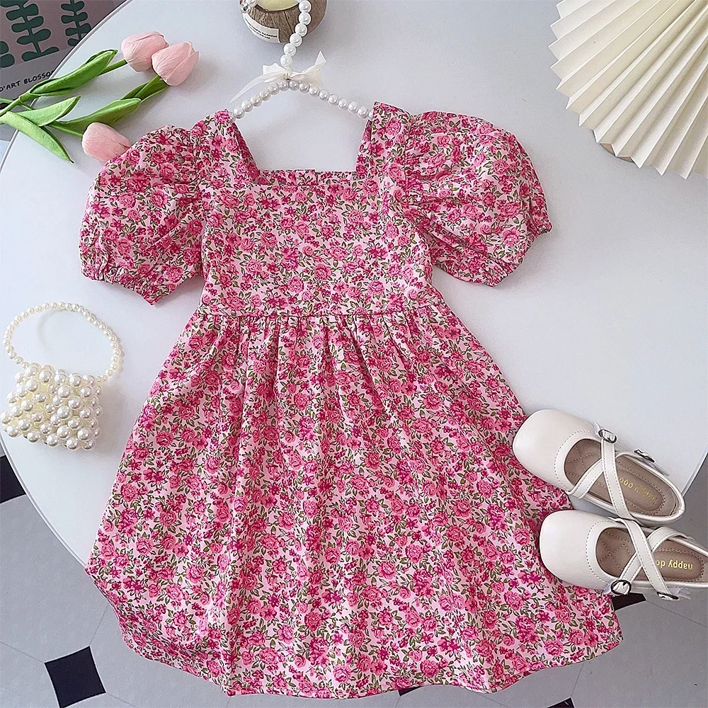 Summer New Korean Version Girl Flower Print Square Neck Bubble Sleeve Princess Dress Party Birthday Children's Casual Clothes