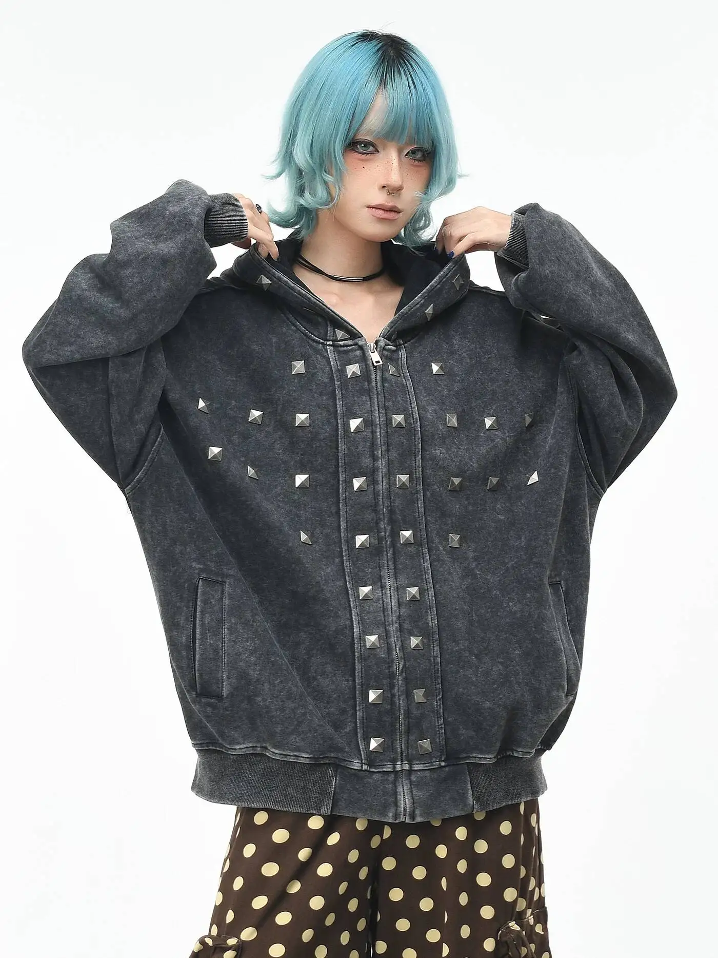 Unisex Hooded Sweater Cardigan 2026 New Punk Abi Style Rivet Vintage Washed Hooded Sweatshirt For Men Women Loose Zipper Jacket