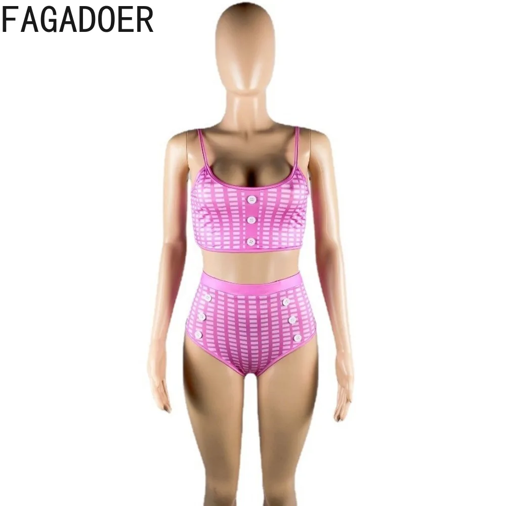 FAGADOER Summer Plaid Print Two Piece Sets Women Thin Strap Sleeveless Crop Top And Shorts Outfits Female Holiday Beach Clothing