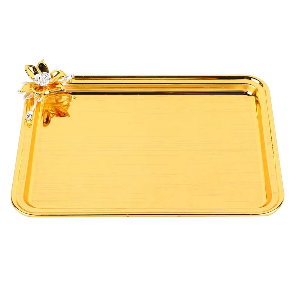 2pcs Serving Trays Rectangular Serving Tray Stainless Steel Floral Food Service Tray Gold Vanity Organizer Tray Christmas Dinner
