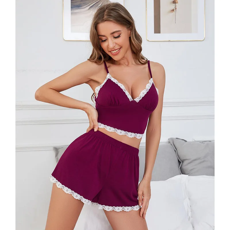 بيجامة نسائية مكونة من قطعتين - طقم بيجامة قصير مثير برقبة على شكل حرف V من الدانتيل #5