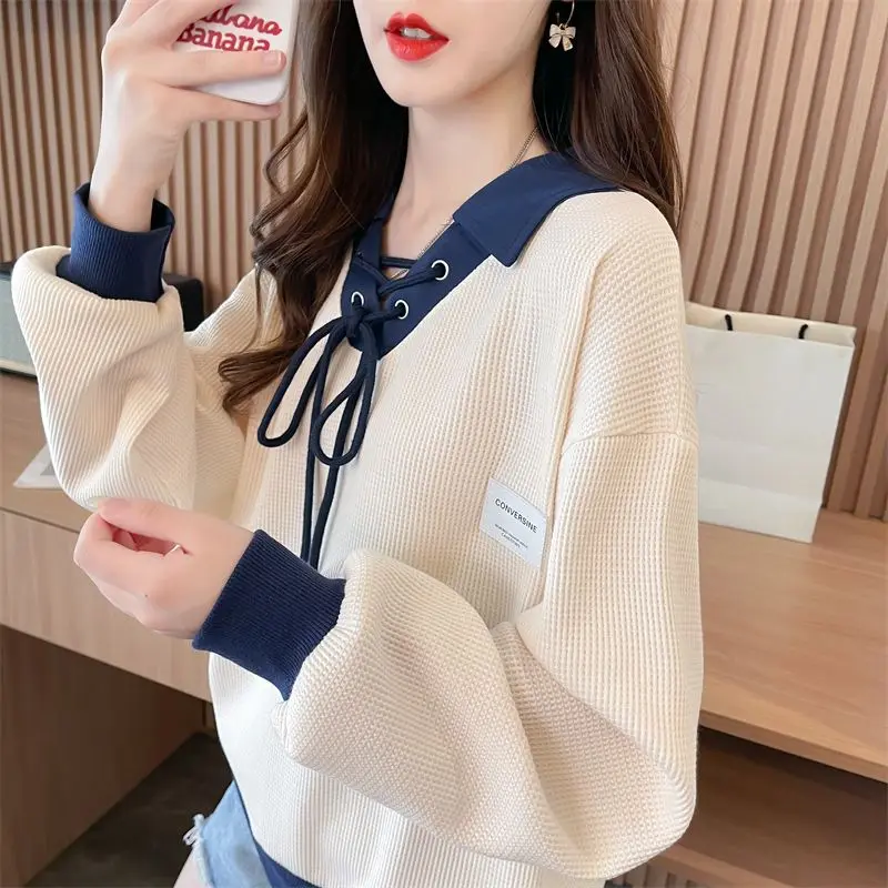 Fashion V-Neck Spliced Lace Up Bow Casual Sweatshirts Female Clothing 2024 Autumn New Loose All-match Tops Korean Sweatshirts