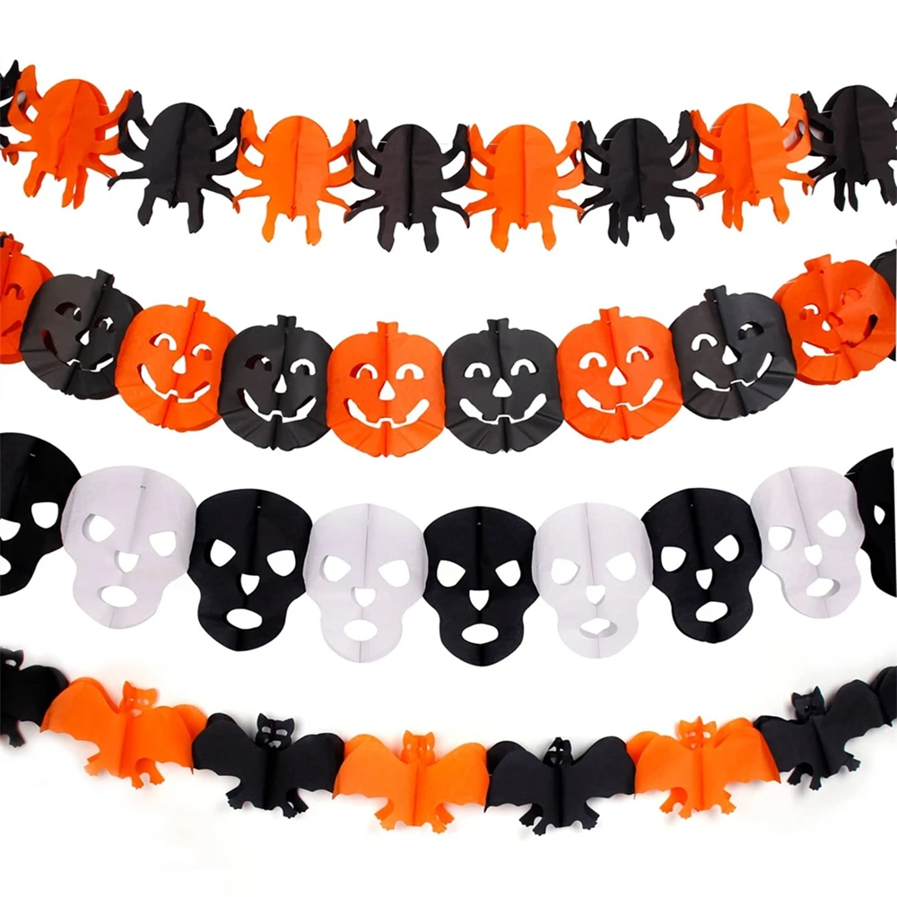 Halloween Papierbanner Spinne Kürbis Geist Fledermaus Papierkette Halloween Dekoration Girlande Banner Papierblumen Partyzubehör