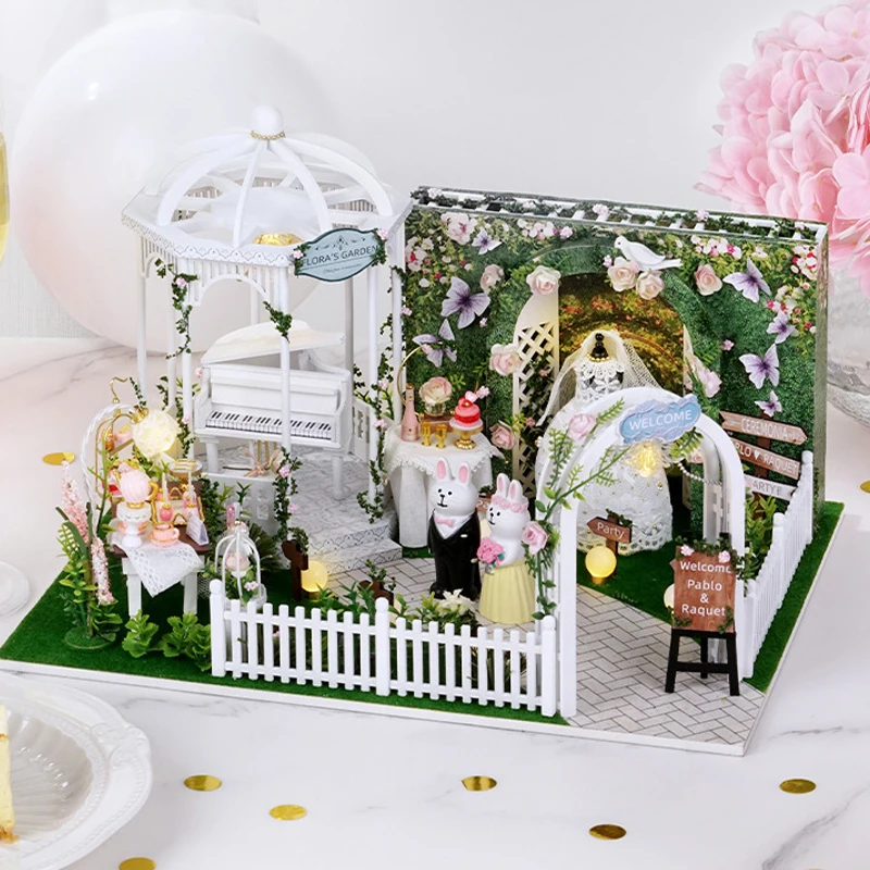 Nova casa de bonecas de madeira diy kits de construção em miniatura dia do casamento casa de bonecas com móveis luz brinquedos para meninas presentes aniversário