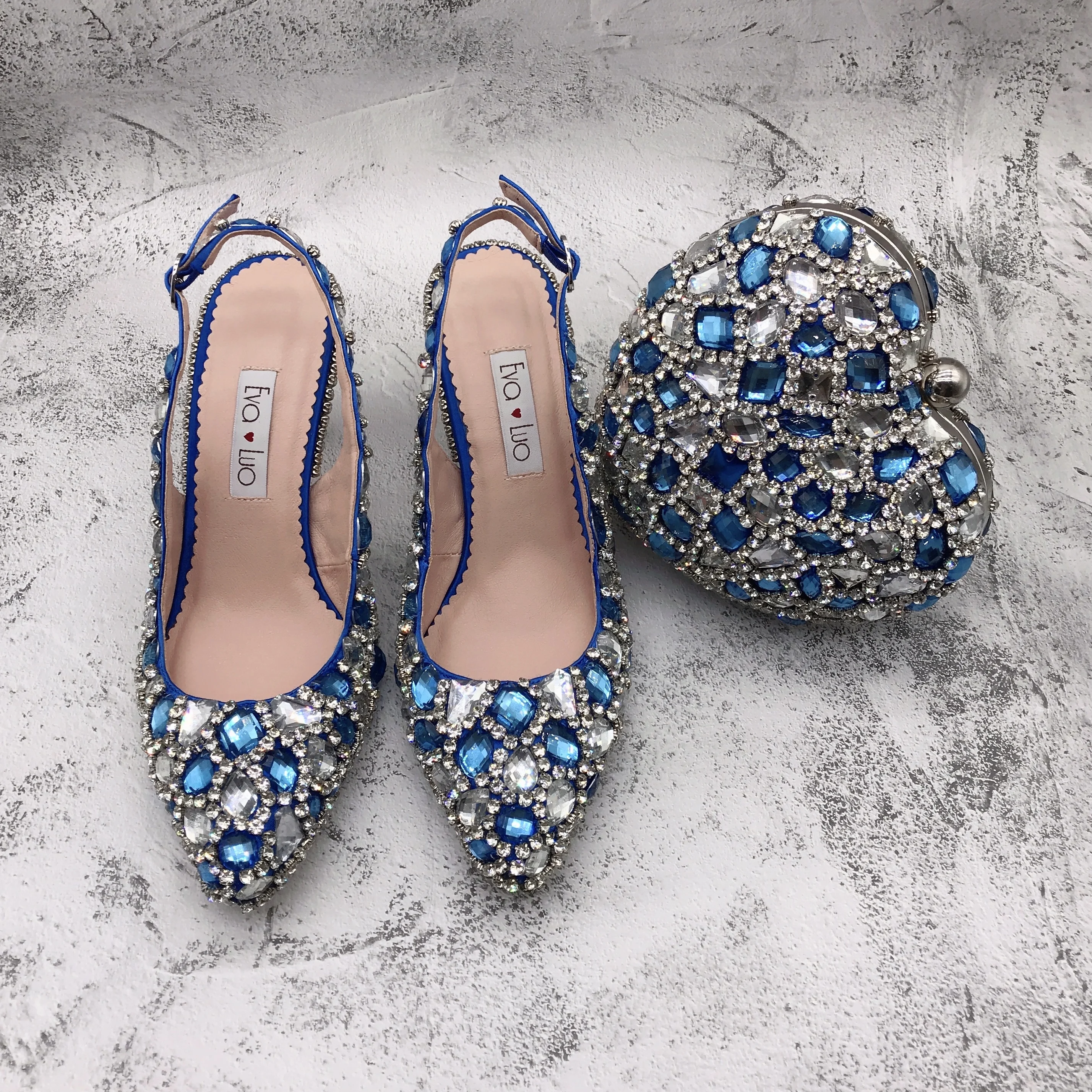 BS1547 Custom Made   High Heels Slingbacks Women Shoes Bridal Wedding Shoes Royal Blue Rhinestones Shoes With Matching Bag