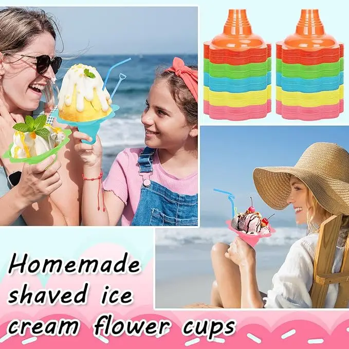 

100pcs/Set Disposable Yogurt Cups Snow Cone Cups For Ice Cream Smoothie Ice Cream Cup Shaved Ice Sand Ice Bowl Flower Cup