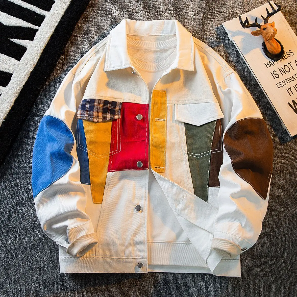 Men's colorful personalized splicing design jacket men's spring and autumn trendy brand loose casual jacket men